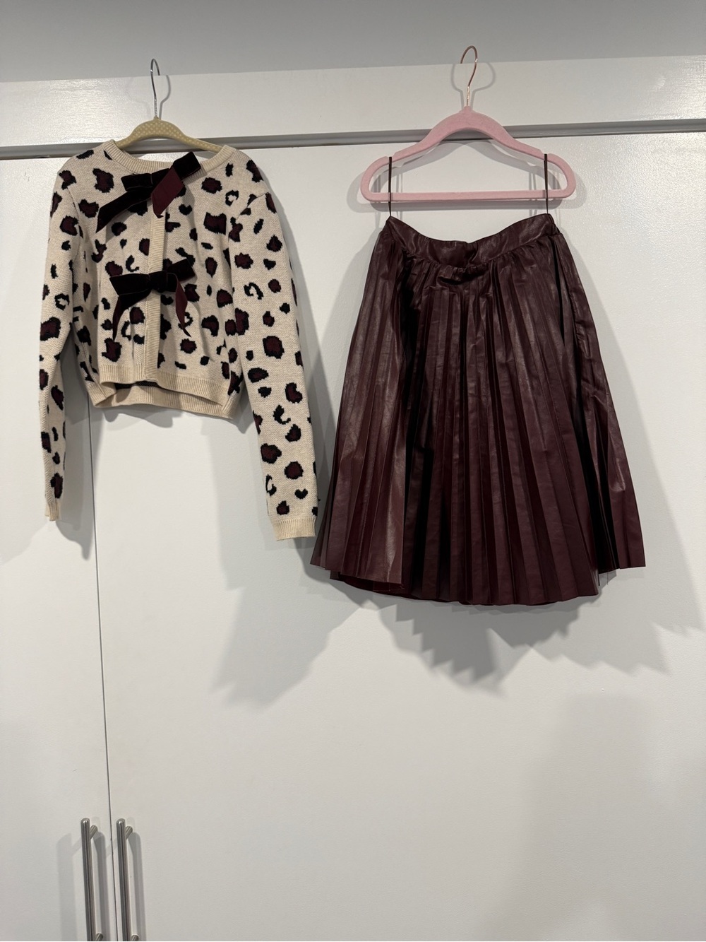 Girls cropped cardigan with burgundy pleated skirt with waistband set